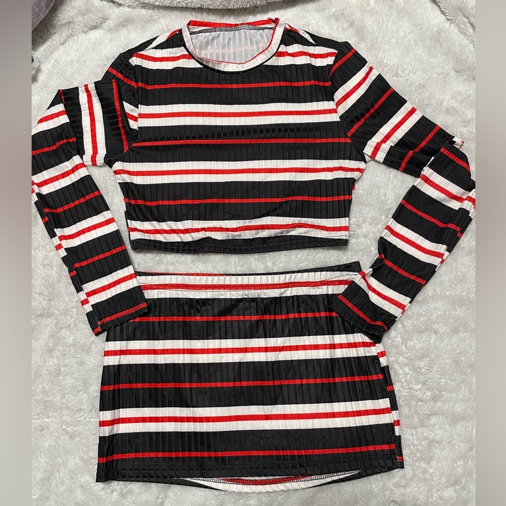 SHEIN Red, Black & White Striped Long Sleeve Crop Top & Mini Skirt Set